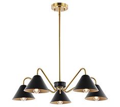 a black and gold chandelier with five lights hanging from the bottom to the top