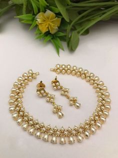 Real Pearl Necklace in Victorian style with matching earrings Highest quality and craftsmanship Free shipping Since natural semiprecious beads are used in this necklace, Color and shape of the beads may vary slightly Please let me know if you have any questions Elegant Kundan Necklace With Gold Beads, Elegant Kundan Bridal Necklace With Gold Beads, Elegant Beaded Necklaces With Pearl Drop For Festivals, Handmade Elegant Pearl Kundan Necklace, Gold Jewelry Sets With Round Beads And Stone Work, Elegant Pearl Drop Beaded Necklaces For Festivals, Elegant Beaded Necklace With Pearl Drop For Festivals, Elegant Handmade Pearl Kundan Necklace, Elegant Handmade Kundan Pearl Necklace