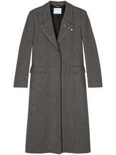 anthracite grey virgin wool blend felted herringbone concealed front button fastening notched lapels bow detailing shoulder pads long sleeves two side flap pockets full lining straight hem Elegant Gray Wool Coat With Pockets, Single Breasted Wool Outerwear For Evening, Single-breasted Wool Outerwear For Evening, Elegant Gray Wool Coat For Office, Elegant Gray Pea Coat With Pockets, Elegant Gray Wool Coat With Buttons, Wool Coat With Hidden Button Closure For Fall Evening, Fall Wool Coat With Hidden Button Closure For Evening, Fall Evening Wool Coat With Hidden Button Closure