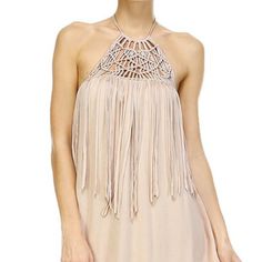 Color: Taupe Fully Lined. Chic Beige Fringe Dresses, Bohemian Midi Dress For Summer Nights, Beige Summer Mini Dress For Night Out, Chic Sleeveless Fringe Maxi Dress, Summer Midi Dress With Fringe For Date Night, Bohemian Sleeveless Midi Dress For Night Out, Elegant Fringe Midi Dress For Summer, Elegant Beach Midi Dress With Fringe, Spring Beige Fringe Mini Dress