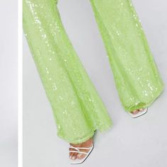 Brand New With Tags. Perfect For Harry Styles Or Kacey Musgraves Concerts! Glamorous Fitted Wide Leg Pants For Summer, Spring Sequin Stretch Bottoms, Spring Sequined Stretch Bottoms, Spring Sequined Bottoms For Night Out, Spring Stretch Sequin Bottoms, Spring Party Green Wide Leg Pants, Green Wide Leg Pants For Spring Party, Green Sequined Party Bottoms, Glamorous Green Sequined Bottoms