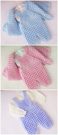 crocheted baby sweaters are shown in three different colors