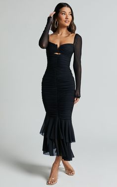 Arabella Midi Dress - Bust Detail Ruched Mesh Midi with Cut Out Detail in Black | Showpo USA Tabyana Ali, Nye Wedding Dress, Formal Dress Midi, Mini Dress With Tights, Cocktail Dresses With Sleeves, Bodycon Dress Formal, Basic Black Dress, Bachelorette Dress, Neon Outfits