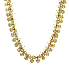 An image of a beautiful 22K gold necklace from Virani Jewelers Multicolor 22k Gold Necklace For Diwali, Multicolor Temple Necklace With 17 Jewels, Multicolor 17 Jewels Temple Necklace, Diwali Bridal Necklace In Yellow Gold With 17 Jewels, Gold Emerald Necklace With Intricate Temple Jewelry Design, Green 22k Gold Temple Necklace For Celebration, 22k Gold Green Temple Necklace For Celebration, Celebration Green 22k Gold Temple Necklace, Yellow Gold Chandbali Temple Necklace With Cutdana