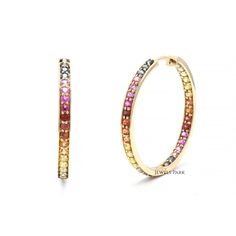 Rainbow sapphire hoops earrings in 14k 18k gold, Natural multi sapphire rainbow ombre hoops, Rainbow hoops earrings gold, Ready to ship gift EARRING DETAILS : ✦ Earring type : Hoops ✦ Earring length : 30 mm ✦ Earring closure : Hoops lock ✦ Earring weight : 5-6 grams for the pair ✦ Ready to ship variant : 14K Yellow Gold STONE DETAILS : ✦ Gemstone: Rainbow Sapphire ✦ Gemstone Type : Natural ✦ Gemstone Size : 2.00 mm ✦ Gemstone Shape : Round Cut ✦ Number of gemstones : 68 ✦ Gemstone Weight : 3-4 c 14k Gold Rainbow Jewelry, 14k Gold Round Rainbow Jewelry, Rainbow Colored Round 14k Gold Jewelry, Fine Jewelry Multicolor Hoop Earrings, Multicolor Hoop Jewelry For Anniversary, Fine Jewelry Multicolor Hoop, Multicolor Hoop Fine Jewelry, Elegant Rainbow Hoop Jewelry, Elegant Rainbow Colored Hoop Jewelry