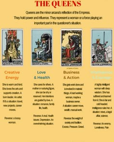 a poster with four different types of tarot cards on it, including the queen and the