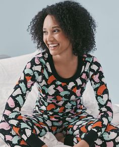 Women's Halloween Long John Pajama Top Cotton Sleepwear For Sleepover In Fall, Cozy Fit Sleepwear For Pajama Party In Fall, Cozy Fit Sleepwear For Pajama Party, Playful Relaxed Fit Tops For Pajama Party, Cozy Fit Sleepwear For Fall Sleepover, Fitted Casual Sleepwear, Playful Black Sleepwear For Loungewear, Fitted Long Sleeve Tops For Sleepovers, Long Sleeve Bedtime Tops For Fall