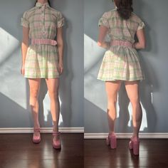 "The cutest 70s green & pink plaid mini dress with a chunky pink belt! This dress was most likely a children's dress that the previous owner shortened. Will fit a women's small! Size Small  Brand - Peaches 'n Cream Era - Early 70s Great Vintage Condition (FLAW - one stain on the front of the dress below the belt - see last photo) Made in USA Measurements LAYING FLAT Bust - 17\" Waist -  14\" - 15\" Hips - 25\" Length - 32\" Please let me know if you have any questions!" Collared Mini Dress, Pink Plaid Dress, 70s Plaid, 70s Green, Plaid Mini Dress, 70s Look, Pink Belt, Red Velvet Dress, Childrens Dress