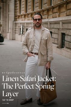 This stone colored safari shirt jacket is cut from pure suiting weight linen and is great for layering or wearing on its own. The four pocket front reflects the garments practical origins and the belt gives it shape as you see here. Its as apropos for wear on the Serengeti as it is on your – likely more regular – urban safaris. This particular model also features a removable cloth belt and shoulder epaulettes. The perfect finish to a men's spring outfit- shop the ultimate warm weather layer! He Spoke Style, Shoulder Epaulettes, Mens Summer Outfits, Safari Shirt, Cloth Belt, Cool Summer Outfits, Outfit Shop, Mens Fashion Summer, Men Looks