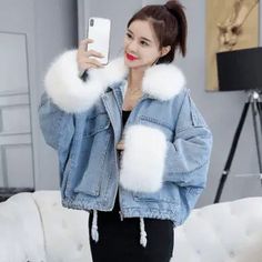 LOVEMI - Detachable rabbit fur two-piece denim coat Fur Jean Jacket, Denim Jacket With Fur, Denim Jacket Winter, White Liners, Cheap Jacket, Denim Chic, Oversized Style, Denim Jacket Women, Mongolia