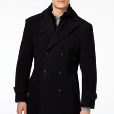 Lauren Ralph Lauren Coat, Wool Pea Coat Black 46r Black Pea Coat With Lapel Collar For Spring, Formal Spring Peacoat With Long Sleeves, Formal Long Sleeve Spring Peacoat, Elegant Black Pea Coat For Spring, Fitted Black Wool Coat For Business Casual, Fall Black Single-breasted Peacoat, Black Long Sleeve Peacoat For Fall, Spring Business Peacoat With Long Sleeves, Black Notch Lapel Peacoat For Business