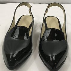 Pair Of Womens Shoes With Black Patent Finish, Sling Back, 3/4" Heel, Size 8 China/7.5 Us Shoes Are Brand New, Never Worn Black Flat Slingback Pumps For Party, Black Round Toe Slingback Pumps, Black Low Heel Slingback Sandals Medium Width, Black Slingback Sandals With Low Heel, Medium Width, Black Medium Width Low Heel Slingback Sandals, Black Flat Slingback Pumps For Formal Occasions, Black Pointed Toe Slingback Pumps For Casual Wear, Casual Black Slingback Pumps With Pointed Toe, Casual Black Pointed Toe Slingback Pumps