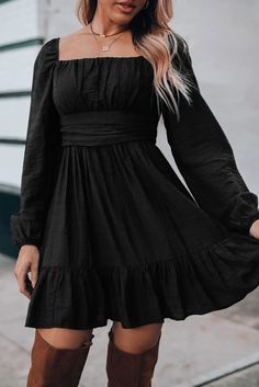 Elevate your style with our Black Ruched Square Neck Puff Sleeve Mini Dress! This solid color dress is versatile and stylish, perfect for any occasion. The high waist design highlights your figure, while the puff sleeves add a feminine and romantic touch. Delicate ruffles offer texture and movement to your outfit. Made from 85% Lyocell and 15% Polyamide, this mini dress is perfect for spring and autumn, with a flared silhouette and high waist. Make a statement with this Southern Belle style mini dress! Southern Belle Outfit, Southern Belle Style, Bodycon Sweater Dress, Puff Sleeve Mini Dress, Solid Color Dress, Color Dress, Southern Belle, Family Outfits, Mini Dress With Sleeves