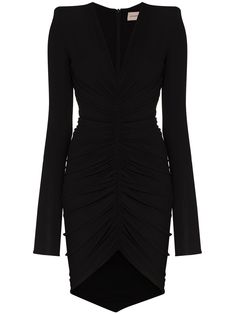 Black padded shoulder midi dress from ALEXANDRE VAUTHIER featuring round neck, rear zip fastening, long puff sleeves, fitted waistline and knee-length. Formal Long Sleeve Ruched V-neck Dress, Chic Long Sleeve Ruched V-neck Dress, Formal Long Sleeve V-neck Dress With Ruched Detail, Ruched Knee-length V-neck Evening Dress, Ruched Knee-length V-neck Cocktail Dress, Evening Mini Dress With Ruched Bodice And Long Sleeves, Knee-length Ruched V-neck Evening Dress, Knee-length Ruched V-neck Dress For Cocktail, Knee-length Ruched V-neck Cocktail Dress