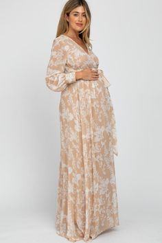 Taupe Floral Chiffon Maternity Maxi Dress – PinkBlush Maternity Dresses Winter, Maternity Dresses For Baby Shower, Long Sleeve Maternity Dress, Floral Maternity Dresses, Boho Maternity, Maternity Maxi Dress, Maternity Outfits, Maternity Maxi, Baby Shower Dresses