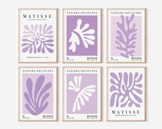 six purple and white art prints with the words matissee on them in four different sizes