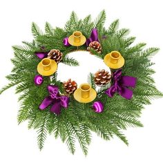 a christmas wreath with pine cones and purple ribbon around it, on a white background