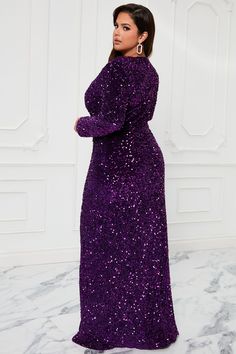 Available In Purple. Sequin Maxi Dress Shoulder Pads Long Sleeve Deep V-Neckline High Split Hidden Back Zipper Lined Stretch Self 100% Polyester Lining 95% Polyester 5% Spandex Imported | Ricky Sequin Maxi Dress in Purple size XS by Fashion Nova Sequin Maxi, Sequin Maxi Dress, Purple Fashion, Purple Dress, Sweater Jacket, Shoulder Pads, Fashion Nova, Homecoming, Formal Dresses Long