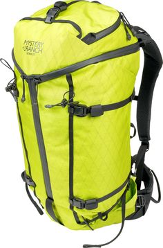 the back pack is bright yellow and has straps on each side, as well as an external