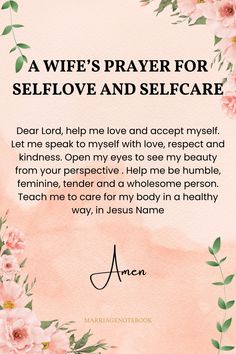 a pink watercolor background with flowers and the words, a wife's prayer for self love and self care