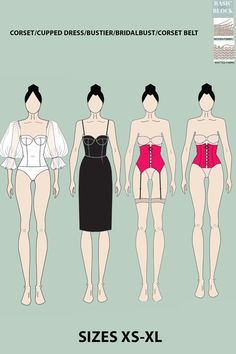 5 Basic Borset/Bustier Pdf Sewing Pattern Block -Corset/Bustier/Bodysuit/Bridal coset with Elastic Bottom Puffy -ArmSleeves -Corset/Bustier/Bodies/Upped Dress with cup -Underbust Waist Garter Corset Eyelet Belt -Underbust Waist Corset Eyelet Belt Sizes XS-XL | Instant Download Are you a self-taught sewer or professional fashion designer? Fashion student or graduate, crafter, seamstress, tailor, or pattern maker? Do you create patterns for fun or professional? Then this is for you! Fitted Corset Dress With Boning, Stretch Corset Dress With Boning, Fitted Corset Dress With Bust Darts, Party Shapewear Corset, Fitted Corset Dress With Boned Bodice For Daywear, Fitted Shapewear Corset For Parties, Fitted Party Corset Shapewear, Fitted Party Shapewear Corset, Fitted Party Corset With Lined Body