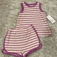 Cat & Jack Toddler Terrycloth Tank Top/Short Set In Purple/Cream Pink Cotton Bedtime Shorts, Cute Striped Cotton Sets, Pink Short Top For Playwear, Short Pink Tops For Playwear, Cute Pink Cotton Short Set, Cute Short Tops For Playtime, Cute Pink Short Set For Playwear, Purple Cotton Sleepover Set, Purple Summer Bedtime Sets