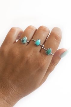 Add a pop of color with this dainty pear shaped turquoise ring set in 925 Sterling Silver with silver detailing along the band and rope detailing around the stone. This is a perfect every day ring to wear alone, or with others. This ring also makes the perfect bridesmaid gift! send me a message for quantity discount :) PLEASE NOTE Each stone is unique and will vary from what is pictured here! The turquoise used in my rings is mined from Tibet and comes in both shades of blue and green. Some turq Bohemian Teardrop Turquoise Ring, Turquoise Stackable Ring Gift, Gift Turquoise Stackable Ring, Gift-ready Stackable Turquoise Ring, Adjustable Turquoise Teardrop Ring For Gift, Adjustable Teardrop Turquoise Ring, Pear Shaped Ring, Pear Ring, Ring Gifts