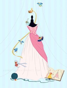 an illustration of a dress on display in front of a ball gown with birds flying around it