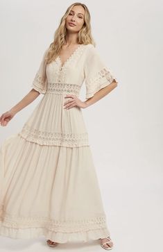 Size: Large Crochet Lace Dress, Aesthetic Crochet, Lace Trim Dress, Lace Button, Dress Cream, Button Up Dress, Lace Maxi, Woven Dress, Lace Maxi Dress