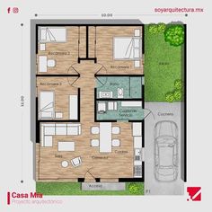 the floor plan for a house with two rooms and one car parked in front of it