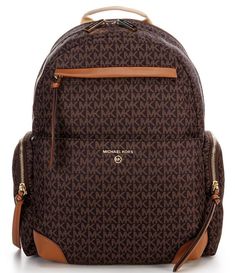 From Michael Kors, the Prescott Signature Logo Large Nylon Backpack features:Nylon18k gold hardwareInterior: Slip pockets, 2 side zip pocketsExterior: 1 back zip tech compartment, 1 front zip pocketFits iPadAdjustable strapApprox. 11" W x 15.5" H x 6.75" D bag; 16" - 25" strap drop Approx. weight 1.63 lbs. Imported. Michael Kors Brown Backpack With Zipper Closure, Brown Backpack With Gold-tone Hardware For Travel, Mk Backpack, Michael Kors Backpack, Favorite Handbags, Easy Trendy Outfits, Forever New, Large Backpack, Handbags Michael Kors