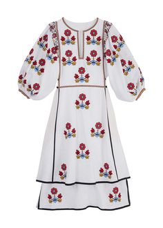 Iryna Embroidered Ukrainian Dress - White, Red, Yellow, Blue by Larkin Lane With its feminine shape, exquisite embroidery, and couture details, the Iryna dress from Ukraine is a "one decision" outfit that speaks volumes about your style. The beauty of this textile tradition takes center-stage and can be paired with simple accessories, wedges, boots, or sandals. Embroidery is a fundamental part of the Ukrainian folk art tradition dating back to the 5th century. Larkin Lane partners directly with Traditional Resham Embroidery Dresses For Spring, Traditional Embroidered Fitted Midi Dress, Folk Style Red Long Sleeve Dress, Red Embroidered Fitted Dress With Intricate Embroidery, Red Embroidered Fitted Dress, Red Fitted Dress With Intricate Embroidery, Red Folk Style Dress With Embroidered Hem, Red Folk Style Dress For Spring, Folk Style Red Dress With Embroidered Hem