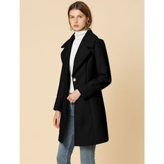 This elegant coat with pockets is a stylish yet practical addition to your winter wardrobe. This silhouette for a flattering finish, creates the perfect finishing touch for everyday outfits. The long solid color coat has an understated silhouette and a notched lapel, making for a timeless piece of outerwear. Layered over everything from smart-casual workwear to weekends, this coat will become a winter favorite. Paired well with a fitted blouse and wide-leg pants for an office-to-dinner look. The Winter Coat Black, Winter Long Coat, Black Leggings Style, Elegant Coats, Fall Leggings, Black Winter Coat, Long Winter Coats, Wool Peacoat, Coat Black