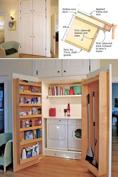 an open door shows the inside of a small laundry room with shelves and doors to separate it from the rest of the room