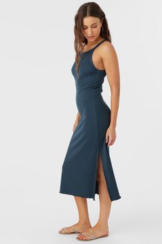 Spring Ribbed Midi Length Maxi Dress, Solid Stretch Dresses With Side Slits, Stretch Midi Length Bodycon Dress With Side Slits, Stretch Bodycon Dress With Side Slits, Midi Length, Knee-length Stretch Dresses With Side Slits, Stretch Bodycon Midi Dress With Side Slits, Fitted Loungewear Dress In Solid Color, Ribbed Bodycon Midi Maxi Dress, Ribbed Bodycon Maxi Dress