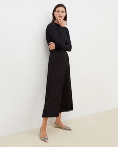 Zhou Culotte - Crepe :: Black – M.M.LaFleur Elegant Fitted Wide Leg Pants With Side Slits, Elegant Wide Leg Pants With Side Slits, Elegant Full-length Viscose Bottoms, Elegant Viscose Wide Leg Pants For Work, Elegant Full Length Viscose Bottoms, Evening Wide Leg Bottoms With Pleated Waist, Wide Leg Bottoms With Pleated Waist For Evening, Elegant Wide Leg Viscose Pants, Elegant Stretch Viscose Wide Leg Pants