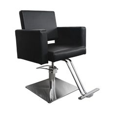 a black chair sitting on top of a metal base