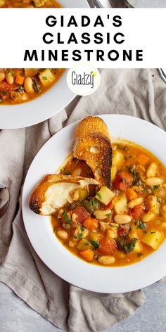 two white plates topped with soup and bread