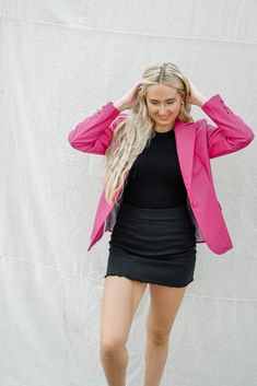 This matte faux leather jacket features a classic collared and button front fit with a slim tailored shape. Our has the look and feel of real leather and it's incredibly soft and supple, so it hangs well. Pair this easy blazer over dresses or with dress pants, or dress it down with jeans. Also available in black! runs true to size with a boyfriend cut you will love the pinstripe satin lining has some stretch model, Lauren is wearing a size small Blazer Over Dress, Faux Leather Blazer, Boyfriend Cut, A Boyfriend, Faux Leather Jacket, Leather Blazer, Faux Leather Jackets, Dress Pants, Real Leather