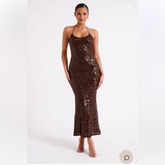 Brown Sequin Midi Length Meshki Dress, Size Xl, Never Worn, New With Tags Sultry Winter, Brown Sequin Dress, Satin Clutch, Elegant Heels, Sequin Maxi Dress, Sequin Maxi, Cowl Neckline, Crop Top Blouse, Cutout Dress