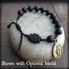 Bracelet With Pendant, Mens Rosary Bracelet, Wood Rosary Bracelet, Spiritual Brown Rosary Bracelet With Wooden Beads, Spiritual Hand-wrapped Rosary Bracelet With Round Beads, Handmade Brown Spiritual Rosary, Black Hand-strung Rosary Bracelet As Gift, Rugged Rosary