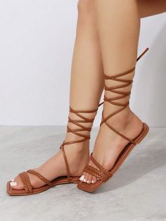 Free Returns ✓ Free Shipping✓. Women Braided Detail Tie Leg Design Strappy Sandals, Vacation Summer Flat Sandals- Women Flat Sandals at SHEIN. Trendy Brown Strappy Lace-up Sandals, Casual Strappy Lace-up Sandals In Synthetic Material, Summer Beach Lace-up Sandals With Straps, Flat Lace-up Sandals For Beach Season, Synthetic Open Toe Lace-up Sandals For Vacation, Trendy Open Toe Sandals With Straps, Summer Lace-up Sandals With Strap And Round Toe, Trendy Strap Sandals For Vacation, Trendy Adjustable Ankle Strap Lace-up Sandals