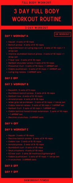 the 3 day full body workout routine is shown in red and black, with instructions for each