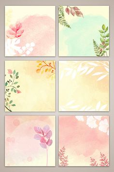 four watercolor paintings with different flowers and leaves on the same piece of paper, all in pastel colors