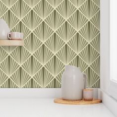 the wallpaper in this kitchen is designed to look like an art deco diamond pattern