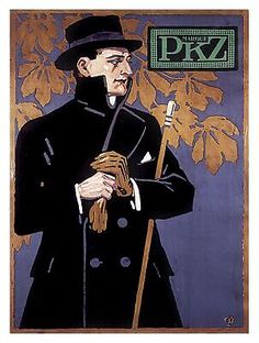 a painting of a man in a top hat and coat holding a cane with the words pkz on it