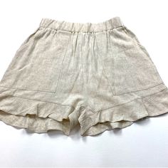 Blooming Rose Summer Soire Shorts Size Small Waist 24” Rise 13” Inseam 3” Measurements Are Approximate 45% Linen 55% Polyester High-waist Beige Ruffled Bottoms, Cotton Bloomers With Ruffle Hem For Summer, Summer Cotton Bottoms With Ruffles, Chic Linen Bottoms With Ruffles, Chic Ruffled Linen Bottoms, Solid Cotton Bottoms With Ruffles, Cotton Ruffled Bloomers, Summer Ruffle Hem Shorts For Day Out, Ruffle Hem Shorts For Summer Day Out