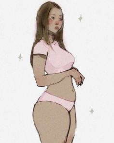 a drawing of a woman in a pink top and skirt with stars on the background