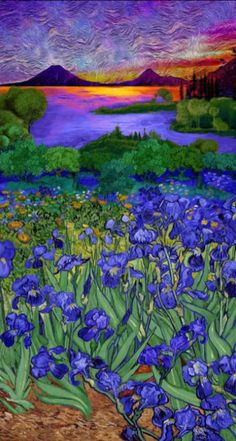 a painting of blue irises in front of a lake with mountains and trees on the other side