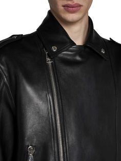 100% Goat leather Luxury Masculine Fitted Biker Jacket, Luxury Men's Black Biker Jacket, Luxury Leather Biker Jacket With Double-lined Hood, Balmain Jeans, Luxury Single-breasted Men's Biker Jacket, Leather Single-breasted Long Sleeve Biker Jacket, Balmain Men, Leather Biker Jacket, Goat Leather